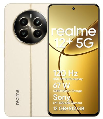 realme 12+ 5G Smartphone 12+512 GB con NFC, Fotocamera ritratto Sony LYT-600 OIS, Display AMOLED da 120 Hz, Smart Touch antipioggia, SUPERVOOC da 67 W, Navigator Beige rr(no adapter)