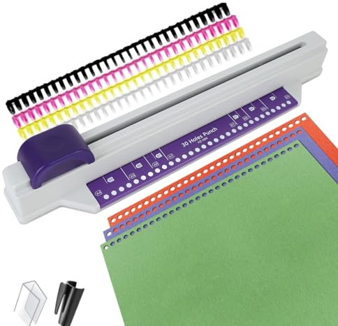 Fabater Binding Machine, Portable Desktop Binding Punch Hand Push 30 Hole Punch for A4 A5 A6 A7 B5 B6 B7 Paper Punch Binding Machine with 4 Loose Leaf Binding Strips, 6 Sheet Capacity