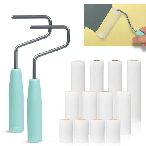Petit Rouleau Peinture, 14 Pièces Kit Rouleau Peinture Mini Rouleau Mousse avec 12 Manchons Rouleaux Laqueur avec Poignée Antidérapante pour Mur et Surfaces Plates