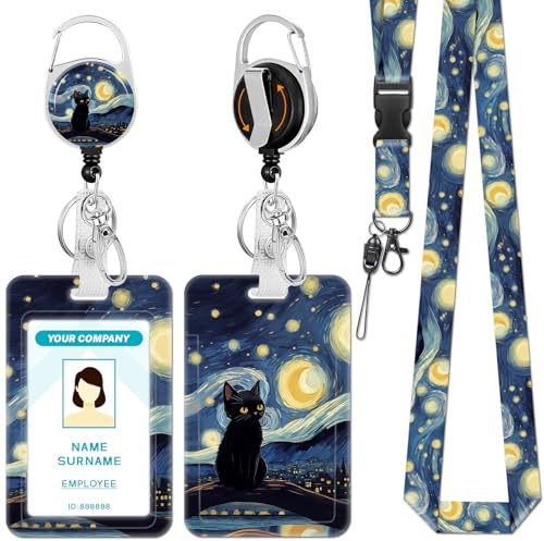 Hancynir Black Cat Lanyards for Id Badges, Starry Night Badge Holder with Retractable Reel Clip, Work Name Tags Keychain Lanyard with ID Holder, ID Card Protector for Women Teacher Nurse Doctor Office