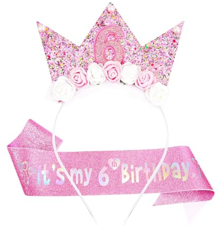 6 år födelsedagskrona flicka krona födelsedag 6 år glitterkrona med pärlor och ros blommor födelsedag krona flicka med ros blommor pannband för baby barn
