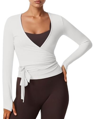 Y2k Ballet Wrap Top Manga Larga Cuello en V Profundo Slim Fit Yoga Pilates Ballet Entrenamiento Tops Sexy Opaco Suave Vendaje Camisa Monocolor Blusa Envolvente Ropa de Danza Ropa de Baile