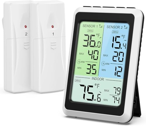 Ankilo Digital Fridge Thermometer with 2 Sensor for Small Fridges, Kitchen | Wireless Fridge Thermometer with Colour LCD Display & Max Min Records, Temperature Alarm Gauge, Ideal for Restaurant