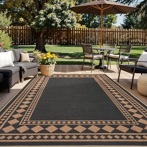 GarveeHome Easy Jute Rug 9x12 Washable Rugs for Living Room Farmhouse Solid Border Outdoor Rug for Patio Non-Slip No Shed Jute Rugs Solid Hand-Woven Carpet for Dining Room Office Backyard, Black Brown