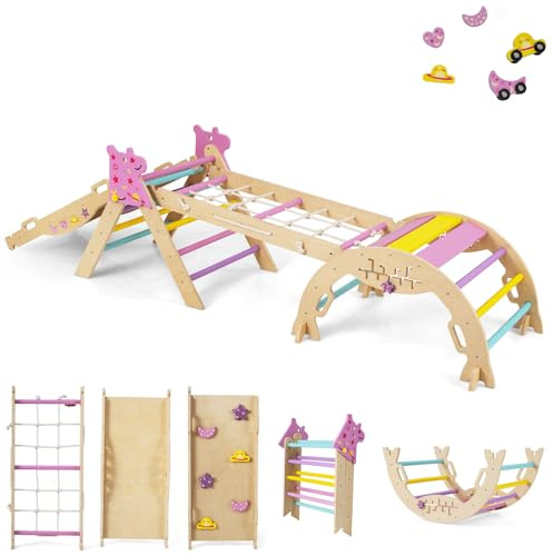 RELAX4LIFE Set da Arrampicata per Bambini, Triangolo di Arrampicata con Scivolo e Arco, Gioco di Incastri in Legno, Gioco Montessori per Bambini 1+ Anni (Unicorno-4 Pezzi | Macaron)