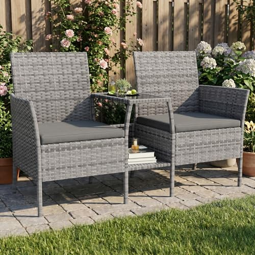 Amopatio polyrattan trädgårdsbänk, utomhus sittbänk med bord och hylla, trädgårdsmöbler rotting, trädgårdssoffa, väderbeständig och UV-beständig balkongbänk, sittgrupp för trädgård, balkong, grå