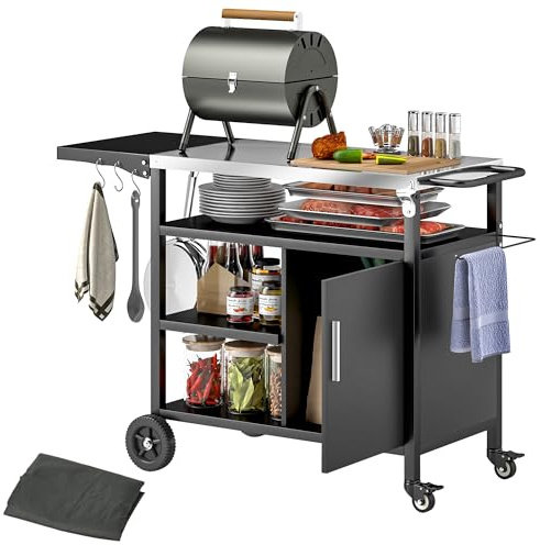Outsunny - Carro de barbacoa con bandeja de acero inoxidable, estante abatible, ganchos y funda incluida, para exterior con ruedas, 127 x 51 x 84 cm, color negro