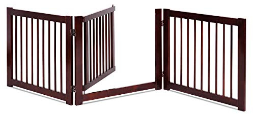 Giantex 24 inch Configurable Dog Gate with Door, Wooden Dog Gate with Walk Through Door, 3 Panels Folding Fence for Stairs, Doorways, Halls, Cherry Brown