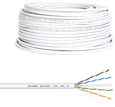 VulTech SC13502-100 Bobina LAN categoría 6 UTP 100 Metros 23AWG Bobina de Red Ethernet 100 m Cat6, Blanco