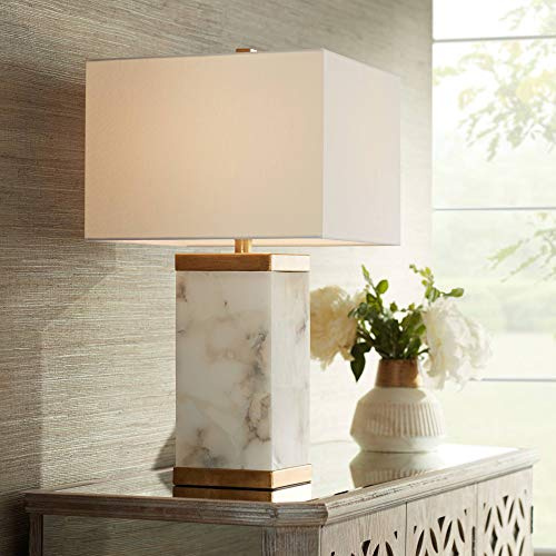 Possini Euro Design Mindy Modern Table Lamp 24 3/4 High with Nightlight White Gray Alabaster Gold Metal Rectangular Shade for Bedroom Living Room House Home Bedside Nightstand Office Kids Family