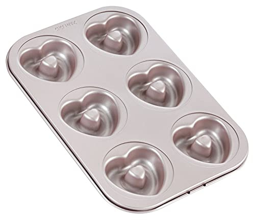CHEFMADE Donut Mold Cake Pan, 6-Cavity Non-Stick Heart-Shaped Doughnut Bakeware for Oven Baking (Champagne Gold)