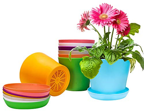 Happybase Plastic Plant Pots, 8 Pack 5.5 Inch Plastic Planters Flower Plant Pots Seedlings Nursery Pot Indoor Colorful Flower Plant Container Seed Starting Pots with Drainage and Saucer (8 Colors