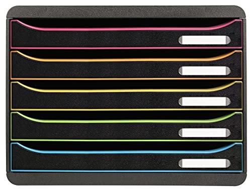 Exacompta 308914D Ablagebox Harlekin mit 5 Schubladen für DIN A4+ Dokumente. Belastbare Schubladenbox mit hoher Kapazität für mehr Platz auf dem Schreibtisch Big Box Plus Horizon Schwarz|Bunt