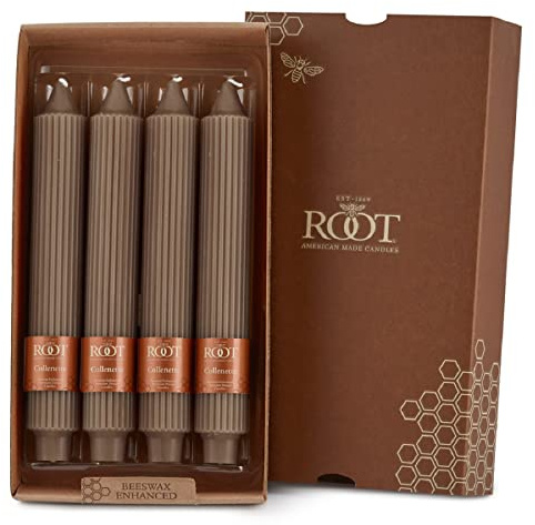 Root Candles 4-Count Unscented Dinner Candles Dripless Beeswax Enhanced Grecian Collenette Boxed Candle Set, 9-Inch, Portobello