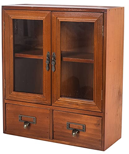 RZGZKLSH Rustic Apothecary Cabinet - 12 L x 4.7 W x 14 H Vintage Pine Countertop Cabinet with 2 Shatterproof Clear Doors & 2 Drawers, Small Spice Organizer for Kitchen, Bathroom, Office (Brown)