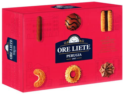 Ore Liete Perugia 1907, Scatola con Biscotti Assortiti Frolla, Latte e Cioccolato Pasticceria Finissima 450g