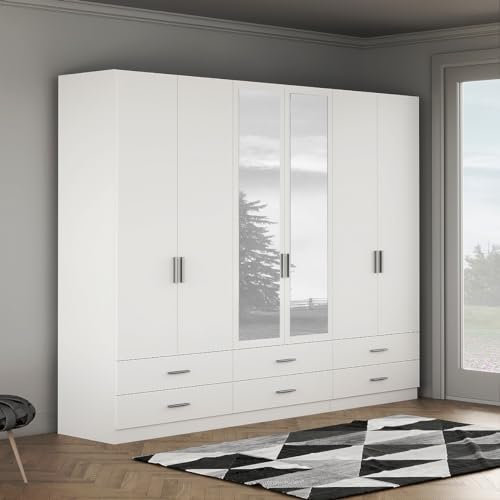 FORTE ASUMPTA Schrank 270, Kleiderschrank Weiß mit Spiegel, Drehtürenschrank groß Modern Schlafzimmer, 6-türig mit 6 Schubladen, 270 cm breit x 210.5 cm hoch x 54 cm tief