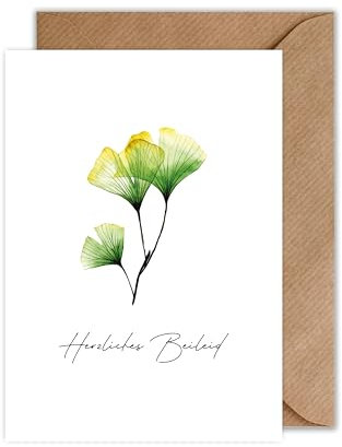 WBdesignz Trauerkarte mit Umschlag Herzliches Beileid - Schlichte Beileidskarte für Trauer, Anteilnahme & Mitgefühl Ginko Trauerfeier Kondolenzkart Beerdigung DIN A6