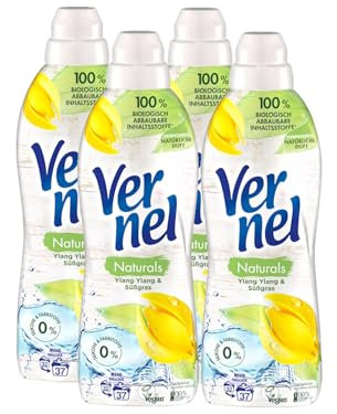 VERNEL Adoucissant végétalien Naturals Ylang Ylang & herbe douce 4 x 37 lavages (148 lavages), parfum de linge avec 99 % d'ingrédients d'origine naturelle, sans microplastique, recyclable