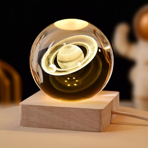 VOSSOT 3D Planet kristallkugel nachtlicht, USB 6cm Saturn Kristallkugel Lampe, Nachtlicht Glas Planeten Lampe mit LED Bunte Nachtlicht Basis für Schreibtisch Dekoration Urlaubsgeschenke (Saturn)