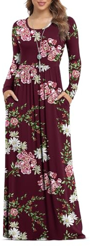 Anelune Robes pour femmes à manches longues amples unies grande taille robes maxi décontractées robes longues avec poches (S-3XL), 36-38
