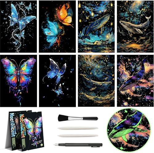 Glow in The Dark Scratch Art for Teens & Adults, Magic Rainbow Engraving Scraping Painting Scratchboard Paper(A4) Creative Crafts Set: 8 Sheets Scratch Cards with 4 Tools (Whales / Butterflies)