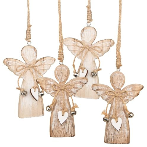 Logbuch-Verlag Lot de 4 anges gardiens en bois à suspendre - Pour sapin de Noël - Marron naturel avec cœur - 10,5 cm