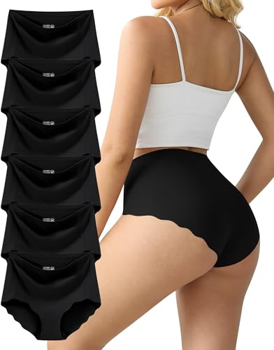 TDONE Ropa interior sin costuras para mujer, cintura media alta, control de abdomen, cobertura completa, bragas de bikini invisibles paquete de 6, negro (black*6), XL