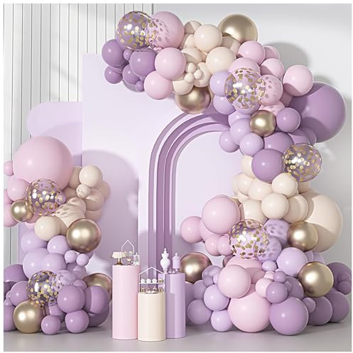 Kit Arco Palloncini Lilla, 115pcs Palloncini Lilla Rosa Pastello e Oro, Kit Arco Festa Compleanno Bambina Comunione Birthday Girl Addobbi Per Prima Comunione Battesimo Bimba Baby Shower
