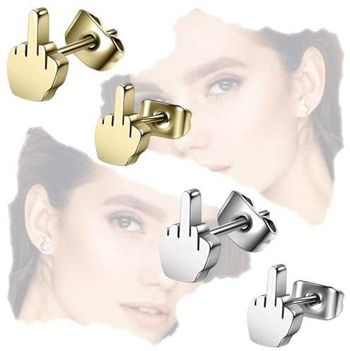 COYUN 2 paires etit Doigt Moyen Boucles d'oreilles Homme Femme - Clous d'oreille - Boucles d'oreilles en Acier Inoxydable Doigt Moyen Stretch Argent Or Punk Biker Femme Homme - Rock Punk Hippie