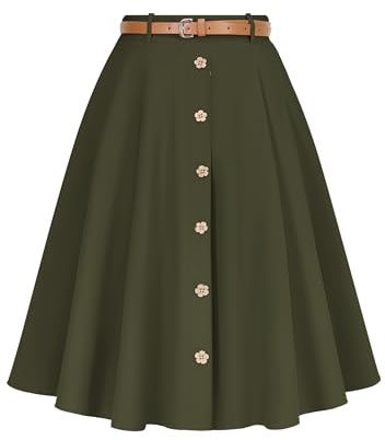WedTrend Womens Casual Midi Skirt with Belt, Flowy Skirts for Women, Casual Teacher Skirt, Going Out Traveling Pleated Skirts WTSK001ArmyGreenS
