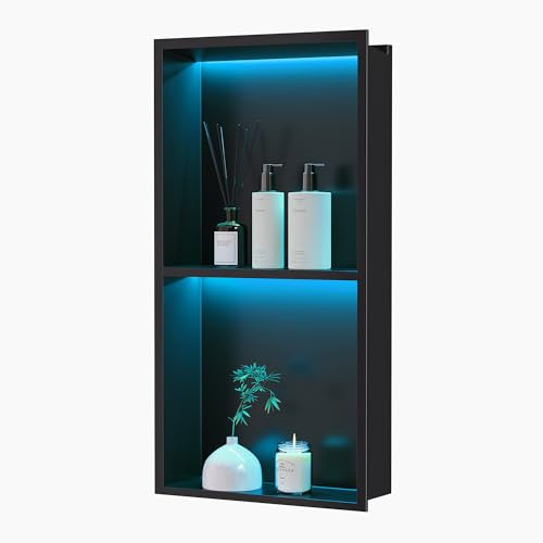 Neohomee Ducha de pared de acero inoxidable con luz LED RGB, doble nicho de ducha negro con mando a distancia, 20 modos de iluminación IP68, almacenamiento para baño, 60 x 30 cm