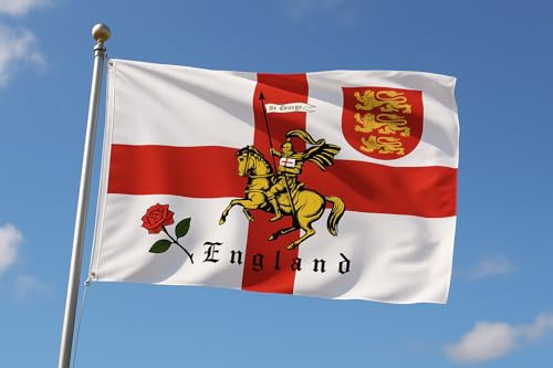 St. George Charger Flagge, England 91 x 152 cm mit englischer Rose und 3 Löwen Messingösen, patriotische Flagge für Innen- und Außenbereich
