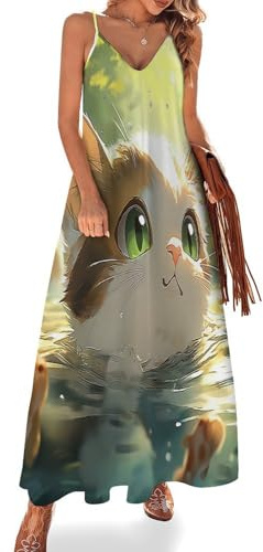 Robe à Bretelles Femme, Longue Casual Chat Kawaii Ete Col en V Animaux Abstraits sans Manche Swing Casual Epaules Dénudées, Jaune Citron Vacances sans Manche Eté