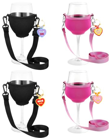 Rbleote Weinhalter Zum Umhängen Weinglashalter Zum Umhängen mit Lanyar, für Weinliebhaber Geschenke, Weihnachten Hochzeiten Partys Camping (4 Stück Wine Glass Holder, 4 Stück Weinglas-Anhänger)