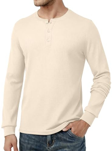AIYINO Long Sleeve Men's Tshirts Button Waffle Henley T-Shirt Mens Ribbed Thermal Mens Tee Tops Apricot L