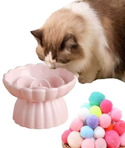 SUYUKU Tazones para gatos, comedero lento, platos elevados para reposacabezas, cuenco de cerámica para mascotas, antivómitos, gatos, platos de comida con pelota de juguete para gatos, cachorros