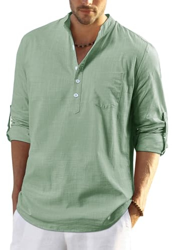Enlision Herrskjorta i bomullslinne långärmad Henley skjorta med knappar avslappnad Hawaii enfärgad T-shirt för män inomhus strand Hippie, M