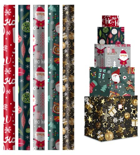 Papel de Regalo 70x200cm (Pack de 5 Rollos) - Diseños Surtidos y de Papel Resistente - Ideal para Envolver Regalos en Cumpleaños, Bodas, Navidad, Fiestas - Santa Claus