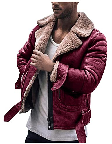 Fuskskskskjuvning flygarjacka, vintage biker-stil läderrock med tjockt fleecefoder, varm vinter pilotjacka med bältad fåll, perfekt för helgresor eller julmarknadskläder