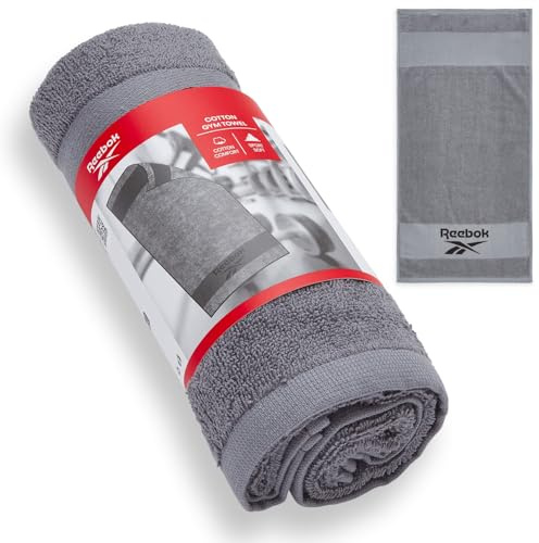 Reebok Toalla de Gimnasio Capri de algodón – Gym Towel, Toalla para Gimnasio, Ligera y Absorbente | Ideal para Gimnasio en casa, Entrenamiento y Fitness – 40 x 80 cm – Gris