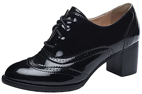 Lizoleor Damen Buro Schnüren Klassischer Blockabsatz Lack Kleid Brogue Pumps Closed Toe Formal Arbeit Mitte Absatz Retro Oxford Schwarz Gr 37 EU/38Cn