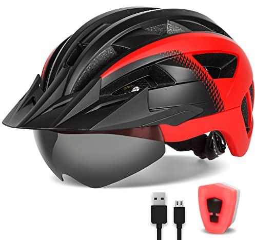 FUNWICT Casco Bicicleta para Ciclismo de Montaña Casco MTB Adulto con Visera y Gafas Desmontables Casco Ciclismo para Hombre Mujer de Tamaño 57-62cm (M: 54-58 cm, Negro Rojo)
