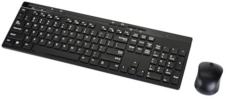 Amazon Basics Wireless Keyboard and Mouse Combo, Full-Sized, QWERTY Layout, 2.4 GHz USB Plug & Play Receiver, Sleek Design, Black