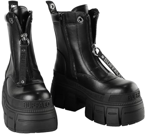 Buffalo GOSPHER ZIP BOOT Bottines à plateforme épaisses avec fermeture éclair avant noires pour femmes en Nappa Vegan, Noir , 37 EU