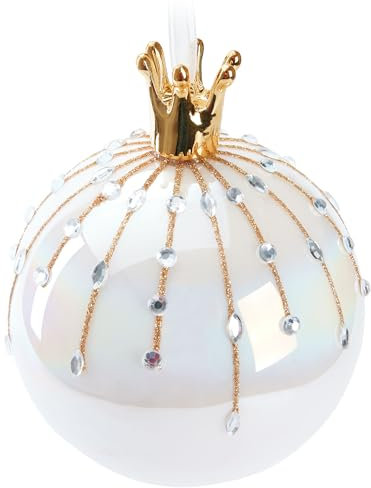 BRUBAKER Premium Pallina di Natale Perla con Corona Oro - Pallina in Vetro da 10 cm con Figurina in Porcellana - Realizzata a Mano - Pallina di Natale per Decorazione - Colore Bianco