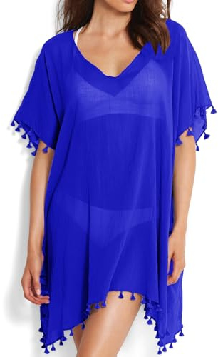 Cache Maillot de Bain Femme Robe de Plage Mousseline Sarongs en Été Plage Couvrir Sexy V-Cou Bikini Cover Up Bohème Beachwear (Saphir, Taille unique)