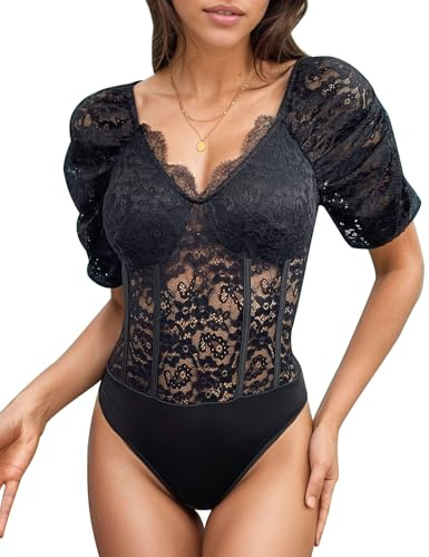 Everbellus Womens Floral Lace Bodysuit Tops Sexy Deep V Neck Body Suit Elegant Puffy Short Sleeve T Shirts Outfits Black XLarge
