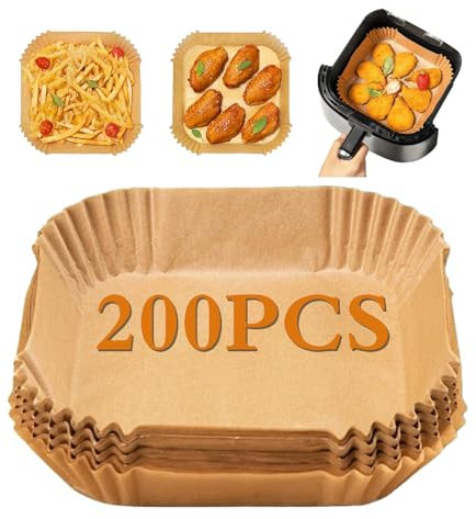 Mokaskaidj 200Pcs Carta Forno per Friggitrice ad Aria, Aria BPA Free e 100 Carta Quadrata in Teglia e 100 Pezzi Carta Piana per Gli Accessori Della Friggitrice ad Air Fryer, Forno, Padelle, Microonde