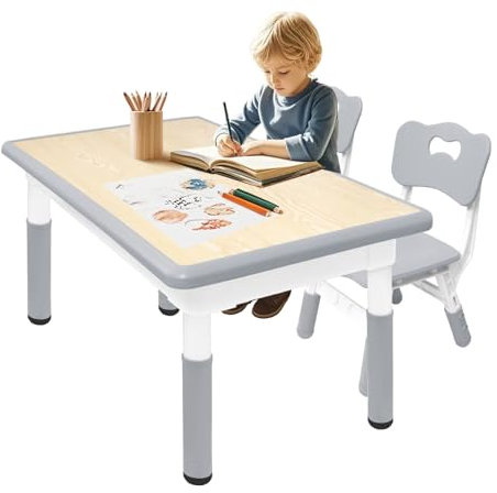 Kindertisch mit 2 Stühlen Set 80x60cm Höhenverstellbar kindersitzgruppe für Kindergarten, Ideal zum Spielen, Zeichnen und Malen Leicht zu reinigen Tisch- und Stuhlset für Kinder ab 2 Jahren